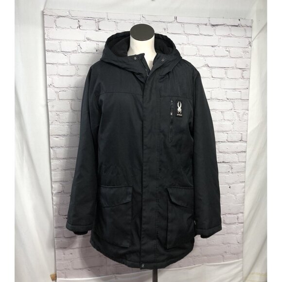 Mens Spyder Black Parka Full Zip Hooded Big Pockets Coat Sz L - Picture 1 of 16
